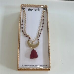 The Sak Gold Tone and Burgundy Beaded Layered Necklace NWT